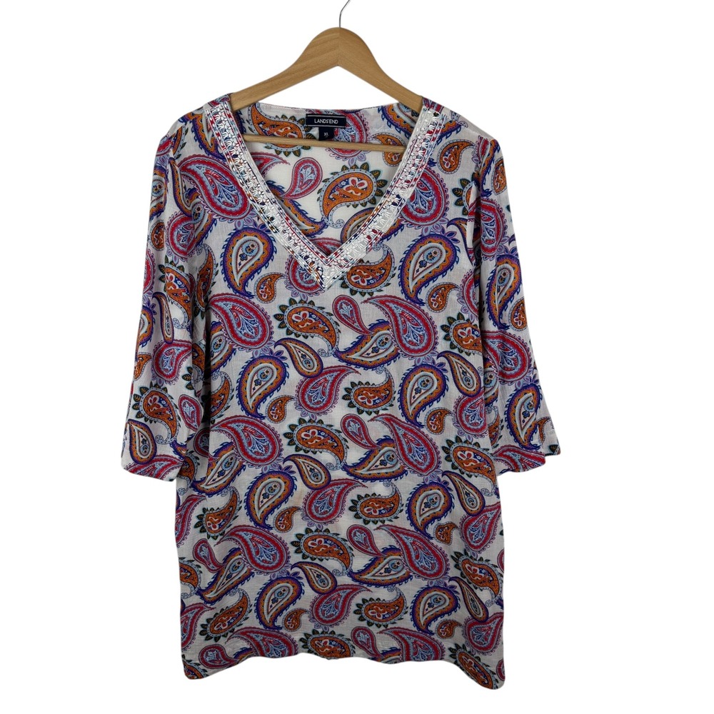 Lands End Paisley Embroidered Tunic Top Size XL Multicolor Lightweight Boho Fall